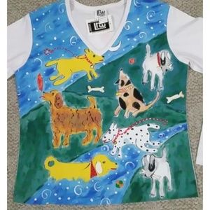 NWT LRW Designs Atlanta Dog Art Handpainted Top S Blouse Womens Popover Shirt